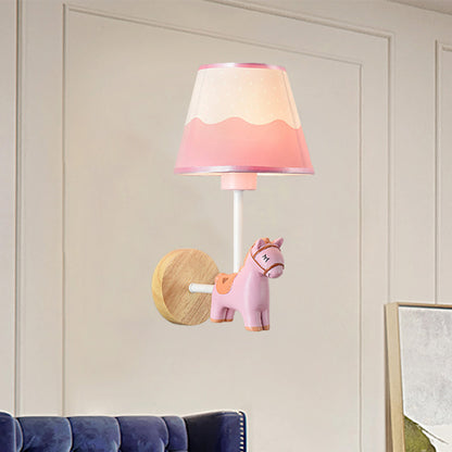 Contemporary Sconce Light Tapered Shade Single Light Wood Wall Lamp with Animal for Teen Pink Horse Clearhalo 'Wall Lamps & Sconces' 'Wall Lights' Lighting' 240811