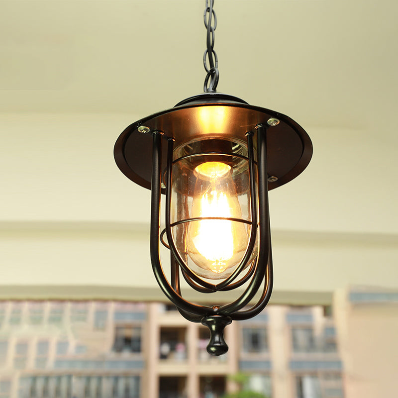1 Head Shaded Pendulum Light Rustic Black Finish Clear Glass Hanging Light for Outdoor Black Birdcage Clearhalo 'Ceiling Lights' 'Pendant Lights' 'Pendants' Lighting' 2408337