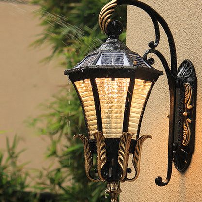 Black Flared Shape LED Wall Sconce Light Vintage Ribbed Glass Outdoor Solar Wall Lamp Black Solar Clearhalo 'Wall Lamps & Sconces' 'Wall Lights' Lighting' 2408405