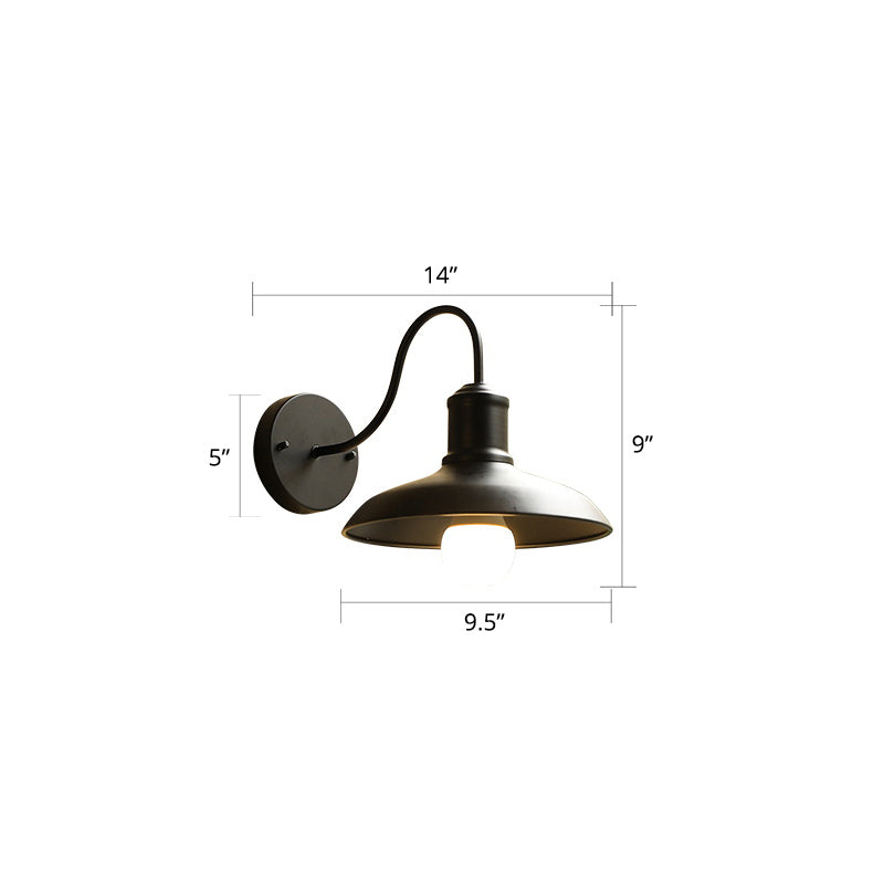 Barn Shade Outdoor Wall Lamp Industrial Metal 1 Bulb Gooseneck Wall Light Fixture Black 14" Clearhalo 'Art deco wall lights' 'Cast Iron' 'Glass' 'Industrial wall lights' 'Industrial' 'Middle century wall lights' 'Modern' 'Rustic wall lights' 'Tiffany' 'Traditional wall lights' 'Wall Lamps & Sconces' 'Wall Lights' Lighting' 2408495
