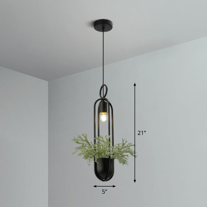 1-Bulb Faux Pot Plant Ceiling Pendant Light Industrial Black Metal Hanging Lamp with Bare Bulb Design Black Oval Clearhalo 'Art Deco Pendants' 'Black' 'Cast Iron' 'Ceiling Lights' 'Ceramic' 'Crystal' 'Industrial Pendants' 'Industrial' 'Metal' 'Middle Century Pendants' 'Pendant Lights' 'Pendants' 'Rustic Pendants' 'Tiffany' Lighting' 2408533