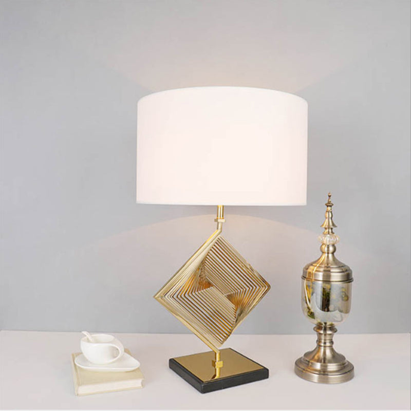 Traditional Drum Task Lighting Fabric 1 Bulb Desk Lamp in White with Square Metal Deco for Bedside White Clearhalo 'Lamps' 'Table Lamps' Lighting' 240854