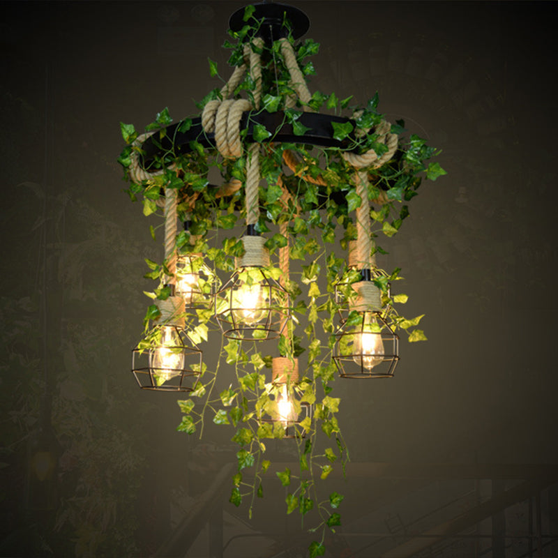 Iron Wire Cage Chandelier Vintage Cafe Pendant Light with Hemp Rope and Fake Plant Green Clearhalo 'Art Deco Pendants' 'Cast Iron' 'Ceiling Lights' 'Ceramic' 'Crystal' 'Industrial Pendants' 'Industrial' 'Metal' 'Middle Century Pendants' 'Pendant Lights' 'Pendants' 'Tiffany' Lighting' 2408550