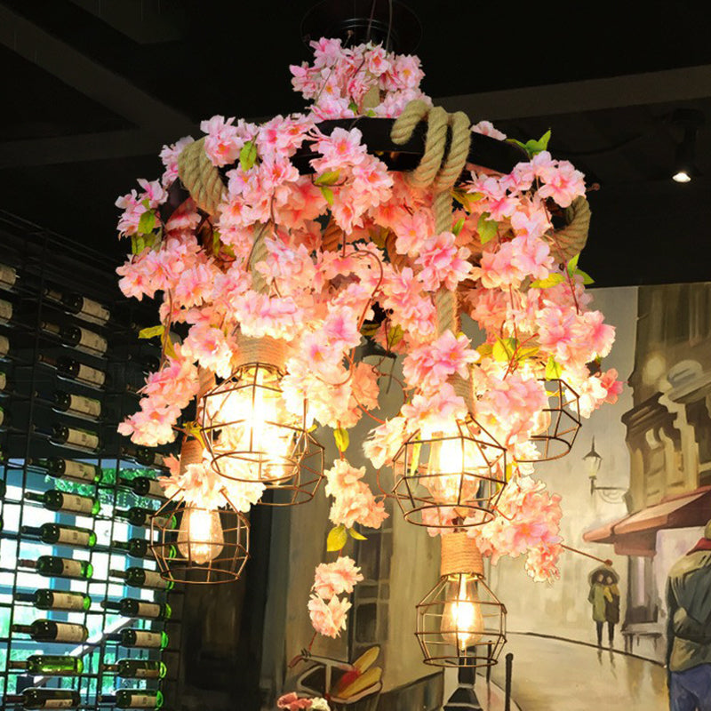 Iron Wire Cage Chandelier Vintage Cafe Pendant Light with Hemp Rope and Fake Plant Pink Clearhalo 'Art Deco Pendants' 'Cast Iron' 'Ceiling Lights' 'Ceramic' 'Crystal' 'Industrial Pendants' 'Industrial' 'Metal' 'Middle Century Pendants' 'Pendant Lights' 'Pendants' 'Tiffany' Lighting' 2408551