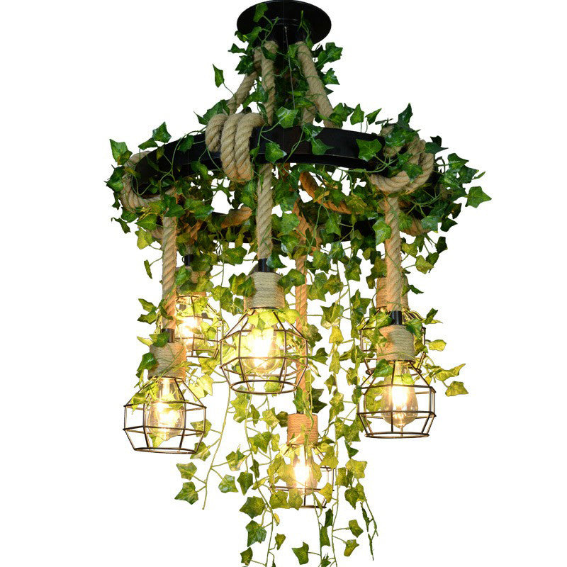 Iron Wire Cage Chandelier Vintage Cafe Pendant Light with Hemp Rope and Fake Plant Clearhalo 'Art Deco Pendants' 'Cast Iron' 'Ceiling Lights' 'Ceramic' 'Crystal' 'Industrial Pendants' 'Industrial' 'Metal' 'Middle Century Pendants' 'Pendant Lights' 'Pendants' 'Tiffany' Lighting' 2408552