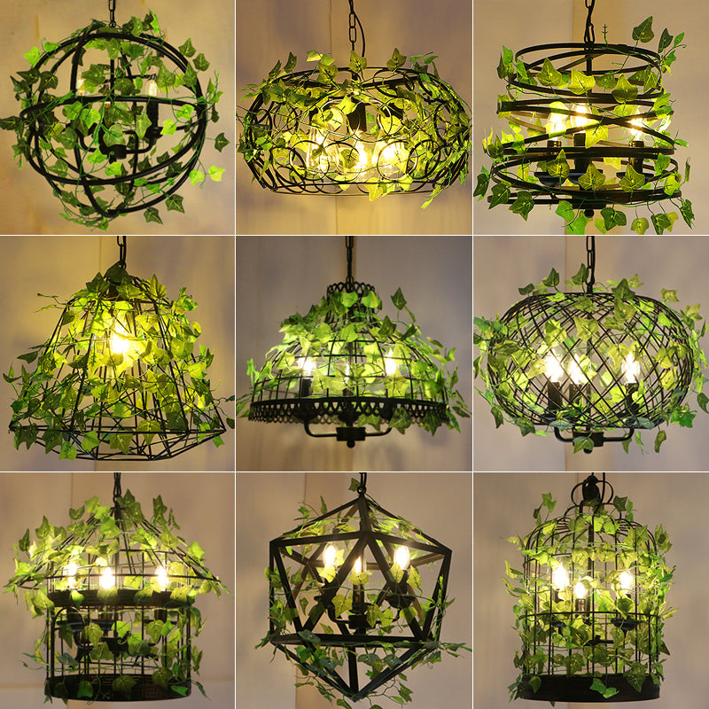 3-Light Iron Ceiling Chandelier Industrial Green Fake Plant and Cage Restaurant Pendant Lamp Clearhalo 'Cast Iron' 'Ceiling Lights' 'Chandeliers' 'Industrial Chandeliers' 'Industrial' 'Metal' 'Middle Century Chandeliers' 'Rustic Chandeliers' 'Tiffany' Lighting' 2408556