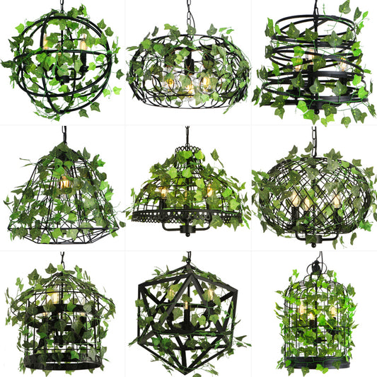 3-Light Iron Ceiling Chandelier Industrial Green Fake Plant and Cage Restaurant Pendant Lamp Clearhalo 'Cast Iron' 'Ceiling Lights' 'Chandeliers' 'Industrial Chandeliers' 'Industrial' 'Metal' 'Middle Century Chandeliers' 'Rustic Chandeliers' 'Tiffany' Lighting' 2408557