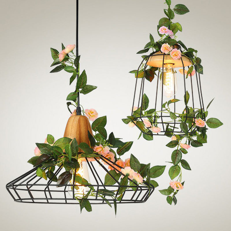 Farmhouse Wire Cage Suspension Lighting 1-Bulb Iron Ceiling Pendant with Wood Socket Clearhalo 'Art Deco Pendants' 'Black' 'Cast Iron' 'Ceiling Lights' 'Ceramic' 'Crystal' 'Industrial Pendants' 'Industrial' 'Metal' 'Middle Century Pendants' 'Pendant Lights' 'Pendants' 'Rustic Pendants' 'Tiffany' Lighting' 2408590