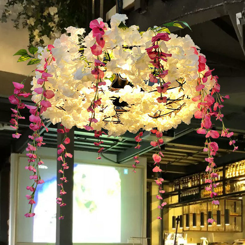 3-Bulb Round Hanging Lamp Loft Style Metal Pendant Light Fixture with Fake Flowers for Restaurant Clearhalo 'Cast Iron' 'Ceiling Lights' 'Chandeliers' 'Industrial Chandeliers' 'Industrial' 'Metal' 'Middle Century Chandeliers' 'Rustic Chandeliers' 'Tiffany' Lighting' 2408629