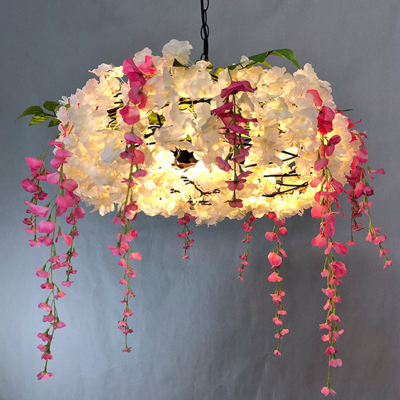 3-Bulb Round Hanging Lamp Loft Style Metal Pendant Light Fixture with Fake Flowers for Restaurant White 21.5" Clearhalo 'Cast Iron' 'Ceiling Lights' 'Chandeliers' 'Industrial Chandeliers' 'Industrial' 'Metal' 'Middle Century Chandeliers' 'Rustic Chandeliers' 'Tiffany' Lighting' 2408633
