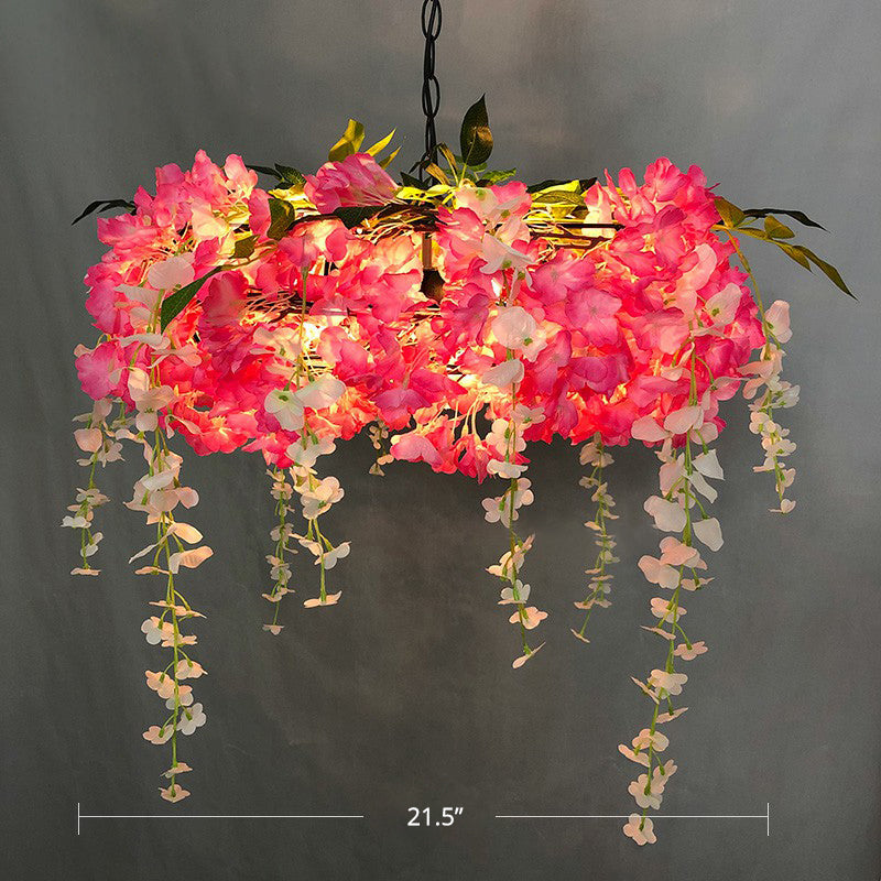 3-Bulb Round Hanging Lamp Loft Style Metal Pendant Light Fixture with Fake Flowers for Restaurant Pink 21.5" Clearhalo 'Cast Iron' 'Ceiling Lights' 'Chandeliers' 'Industrial Chandeliers' 'Industrial' 'Metal' 'Middle Century Chandeliers' 'Rustic Chandeliers' 'Tiffany' Lighting' 2408637