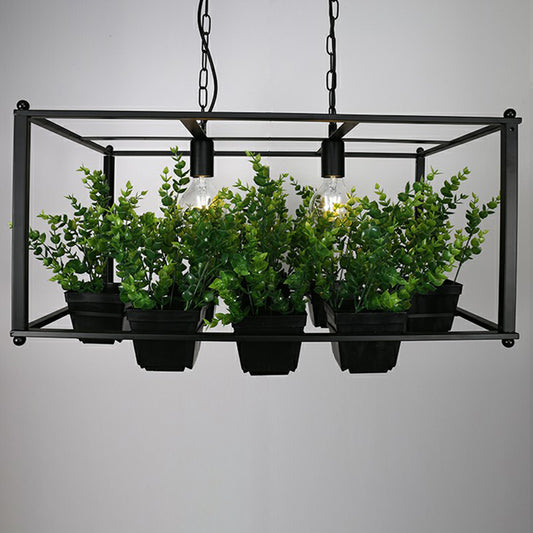 Metal Rectangular Cage Island Light Industrial 2-Bulb Living Room Pendant Light with Fake Plant Pot in Green Clearhalo 'Ceiling Lights' 'Island Lights' Lighting' 2408642
