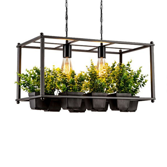 Metal Rectangular Cage Island Light Industrial 2-Bulb Living Room Pendant Light with Fake Plant Pot in Green Clearhalo 'Ceiling Lights' 'Island Lights' Lighting' 2408643