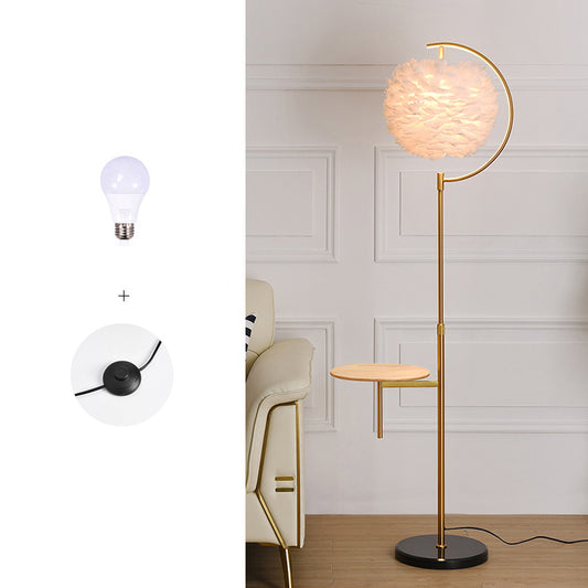 Feather Ball Shade Standing Light Nordic 1 Bulb Adjustable Floor Lamp with Wooden Tray Gold White Clearhalo 'Floor Lamps' 'Lamps' Lighting' 2408654