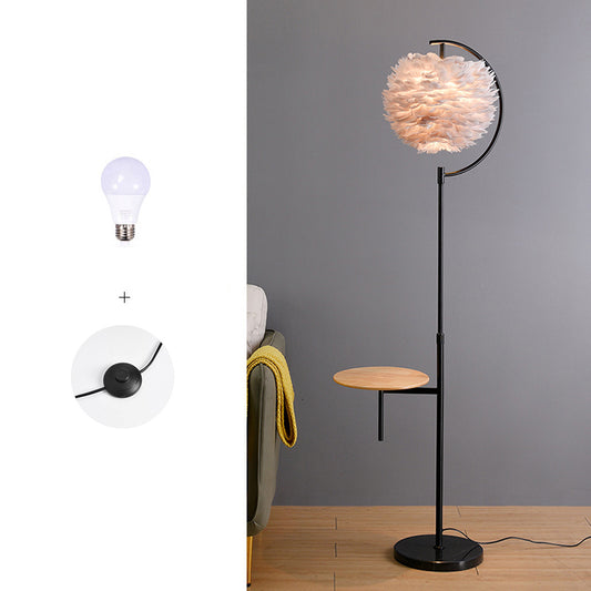 Feather Ball Shade Standing Light Nordic 1 Bulb Adjustable Floor Lamp with Wooden Tray Black Gray Clearhalo 'Floor Lamps' 'Lamps' Lighting' 2408656