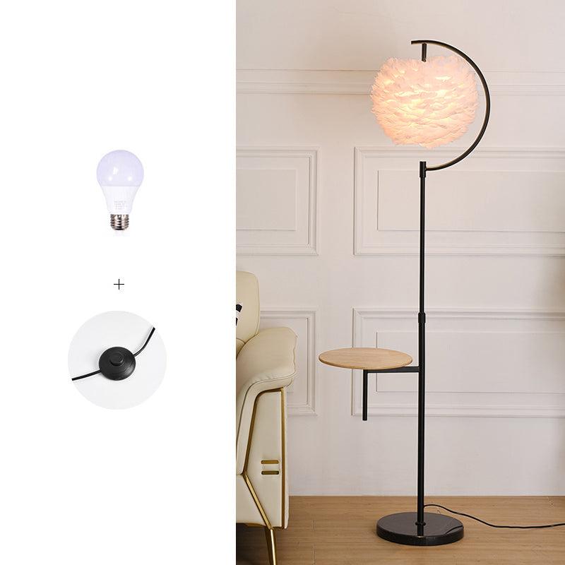 Feather Ball Shade Standing Light Nordic 1 Bulb Adjustable Floor Lamp with Wooden Tray Black White Clearhalo 'Floor Lamps' 'Lamps' Lighting' 2408658