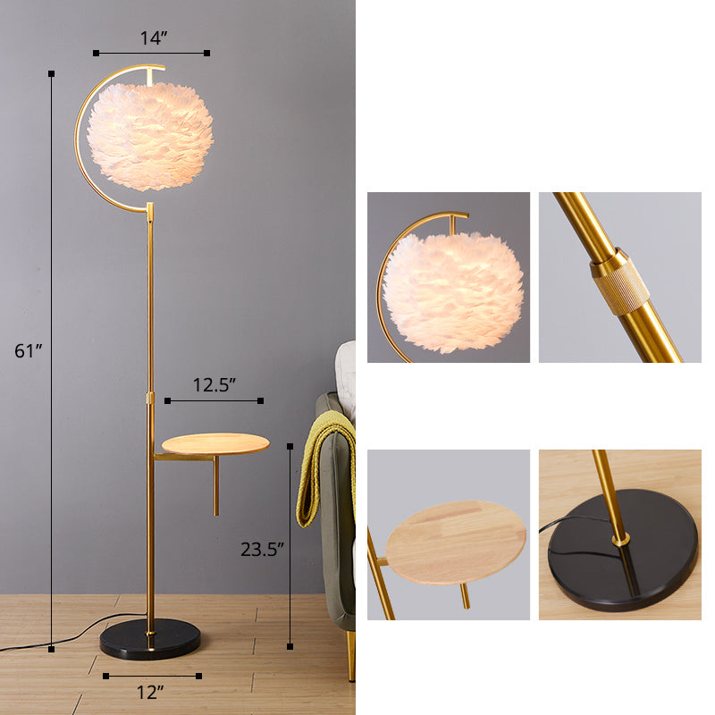 Feather Ball Shade Standing Light Nordic 1 Bulb Adjustable Floor Lamp with Wooden Tray Clearhalo 'Floor Lamps' 'Lamps' Lighting' 2408659
