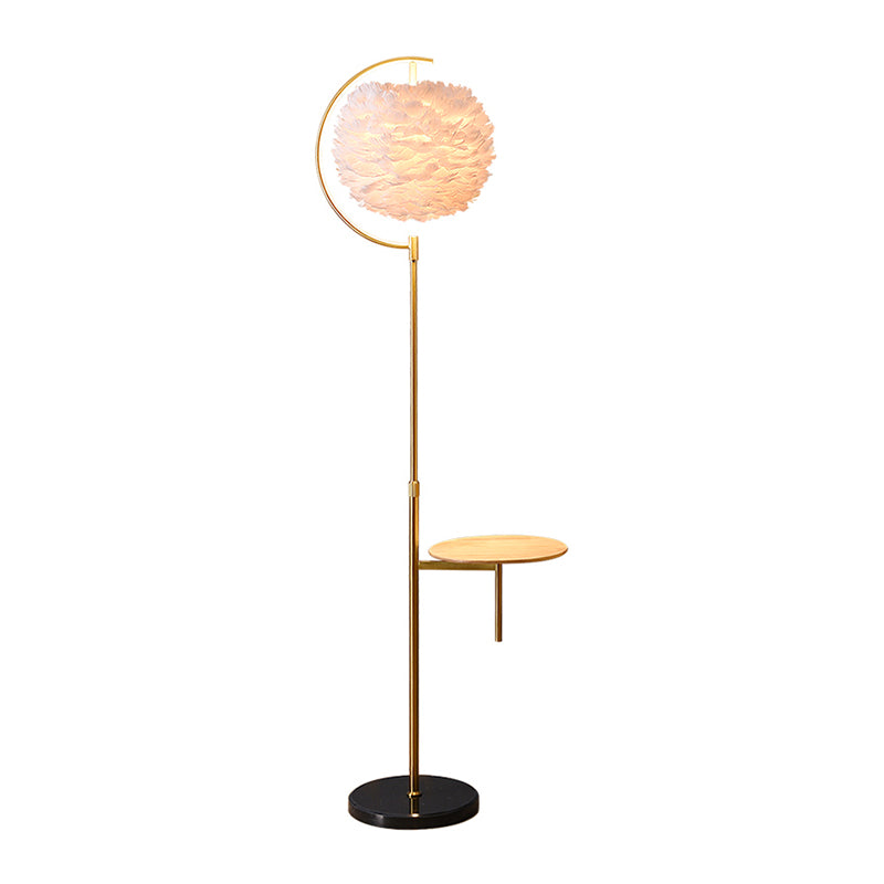 Feather Ball Shade Standing Light Nordic 1 Bulb Adjustable Floor Lamp with Wooden Tray Clearhalo 'Floor Lamps' 'Lamps' Lighting' 2408660