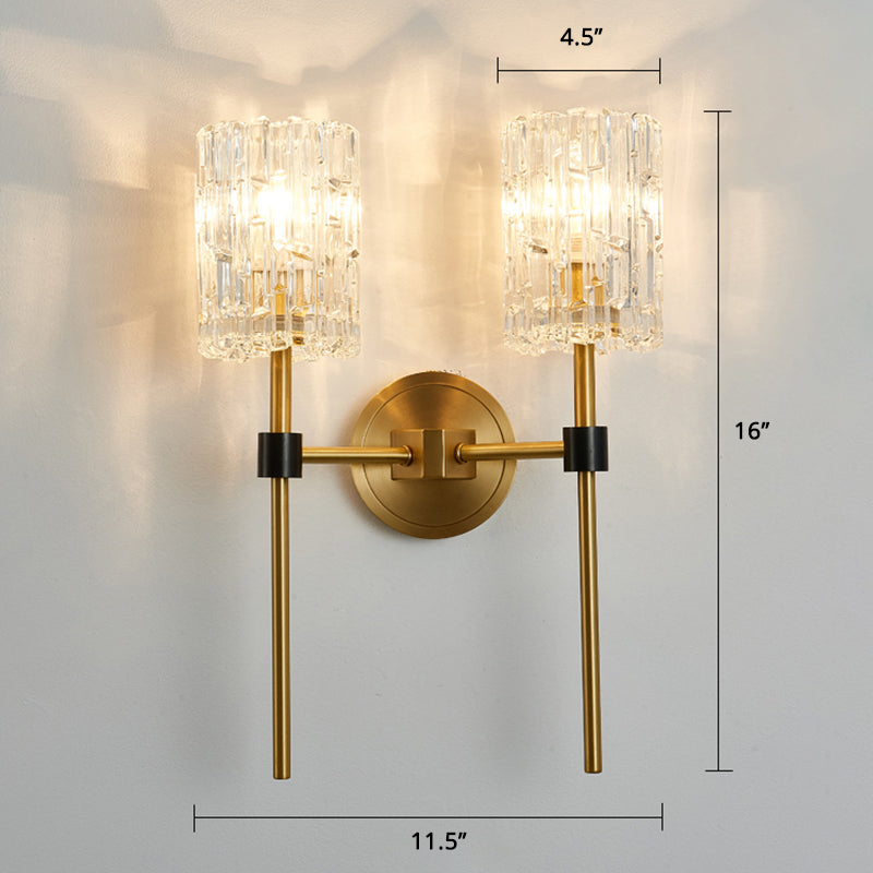 Clear Carved Glass Cylindrical Wall Light Postmodern Gold Finish Wall Sconce for Living Room Clearhalo 'Cast Iron' 'Glass' 'Industrial' 'Modern wall lights' 'Modern' 'Tiffany' 'Traditional wall lights' 'Wall Lamps & Sconces' 'Wall Lights' Lighting' 2408668