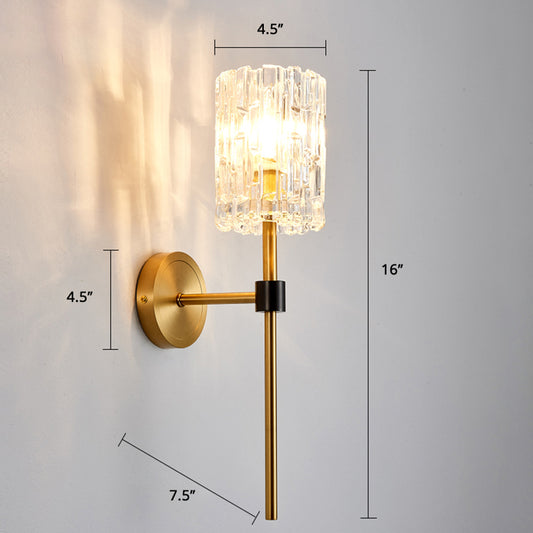Clear Carved Glass Cylindrical Wall Light Postmodern Gold Finish Wall Sconce for Living Room 1.0 Gold Clearhalo 'Cast Iron' 'Glass' 'Industrial' 'Modern wall lights' 'Modern' 'Tiffany' 'Traditional wall lights' 'Wall Lamps & Sconces' 'Wall Lights' Lighting' 2408669