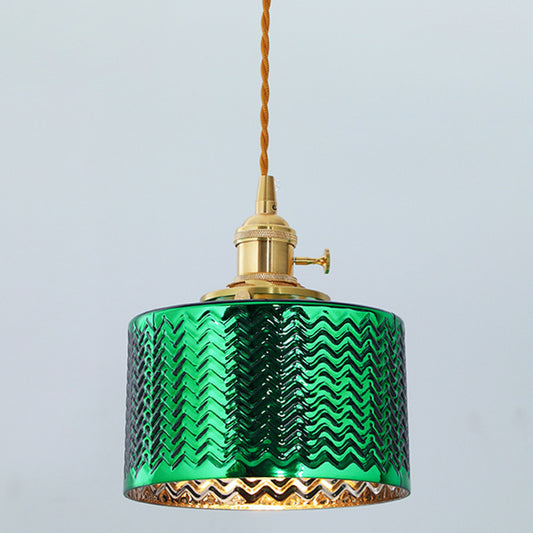 Cylindrical Bedside Hanging Lamp Vintage Wave Glass 1 Bulb Pendant Light Fixture Green Clearhalo 'Ceiling Lights' 'Glass shade' 'Glass' 'Modern Pendants' 'Modern' 'Pendant Lights' 'Pendants' Lighting' 2408687