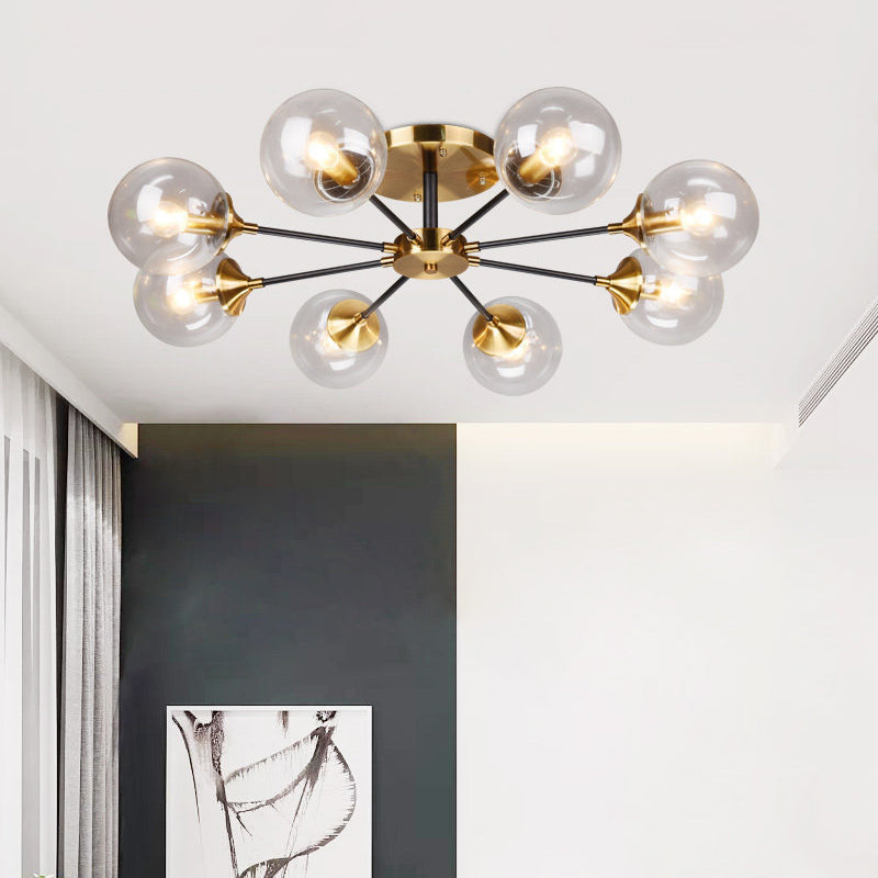 Brass Finish Radial Ceiling Lamp Postmodern Metal Semi Mount Lighting with Ball Glass Shade Clearhalo 'Ceiling Lights' 'Close To Ceiling Lights' 'Close to ceiling' 'Semi-flushmount' Lighting' 2408708