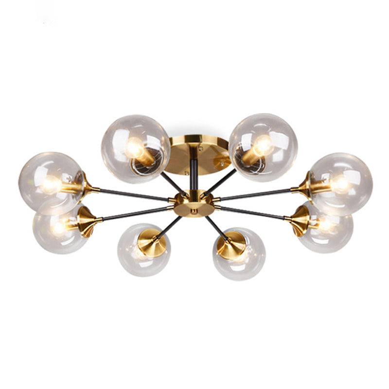 Brass Finish Radial Ceiling Lamp Postmodern Metal Semi Mount Lighting with Ball Glass Shade Clearhalo 'Ceiling Lights' 'Close To Ceiling Lights' 'Close to ceiling' 'Semi-flushmount' Lighting' 2408709