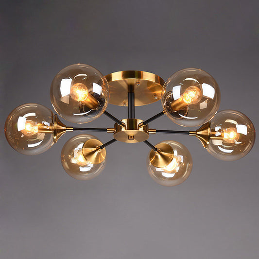 Brass Finish Radial Ceiling Lamp Postmodern Metal Semi Mount Lighting with Ball Glass Shade Clearhalo 'Ceiling Lights' 'Close To Ceiling Lights' 'Close to ceiling' 'Semi-flushmount' Lighting' 2408710