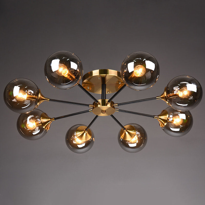 Brass Finish Radial Ceiling Lamp Postmodern Metal Semi Mount Lighting with Ball Glass Shade Clearhalo 'Ceiling Lights' 'Close To Ceiling Lights' 'Close to ceiling' 'Semi-flushmount' Lighting' 2408711