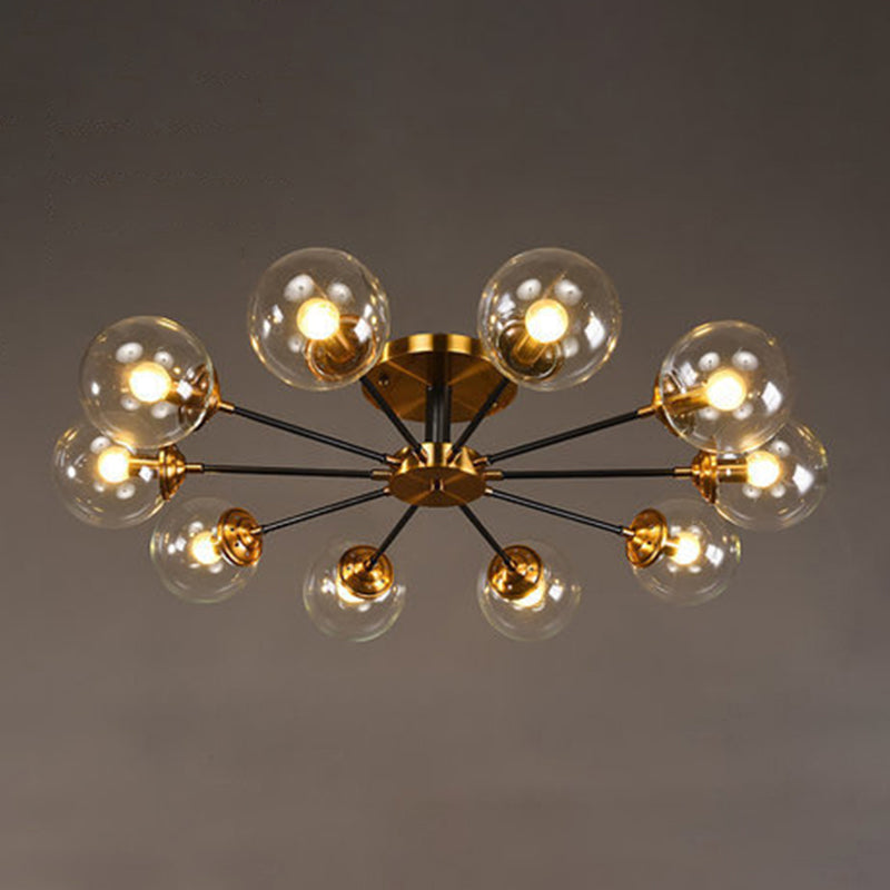 Brass Finish Radial Ceiling Lamp Postmodern Metal Semi Mount Lighting with Ball Glass Shade 10 Clear Clearhalo 'Ceiling Lights' 'Close To Ceiling Lights' 'Close to ceiling' 'Semi-flushmount' Lighting' 2408712