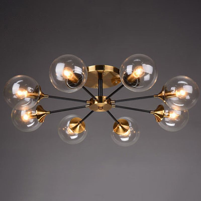 Brass Finish Radial Ceiling Lamp Postmodern Metal Semi Mount Lighting with Ball Glass Shade 8 Clear Clearhalo 'Ceiling Lights' 'Close To Ceiling Lights' 'Close to ceiling' 'Semi-flushmount' Lighting' 2408713