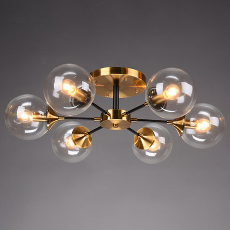 Brass Finish Radial Ceiling Lamp Postmodern Metal Semi Mount Lighting with Ball Glass Shade 6 Clear Clearhalo 'Ceiling Lights' 'Close To Ceiling Lights' 'Close to ceiling' 'Semi-flushmount' Lighting' 2408714