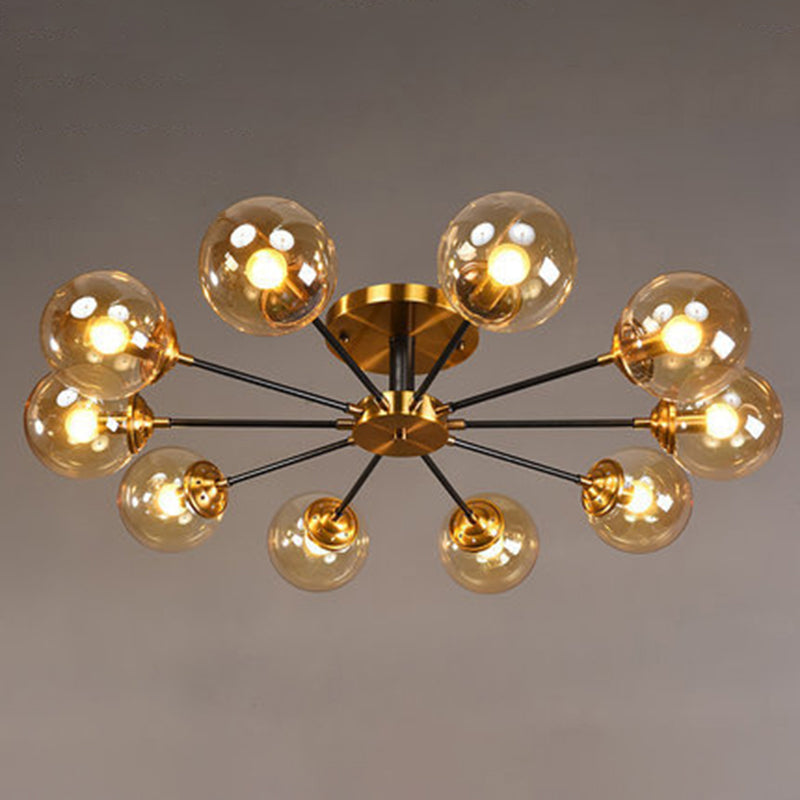 Brass Finish Radial Ceiling Lamp Postmodern Metal Semi Mount Lighting with Ball Glass Shade 10 Amber Clearhalo 'Ceiling Lights' 'Close To Ceiling Lights' 'Close to ceiling' 'Semi-flushmount' Lighting' 2408717
