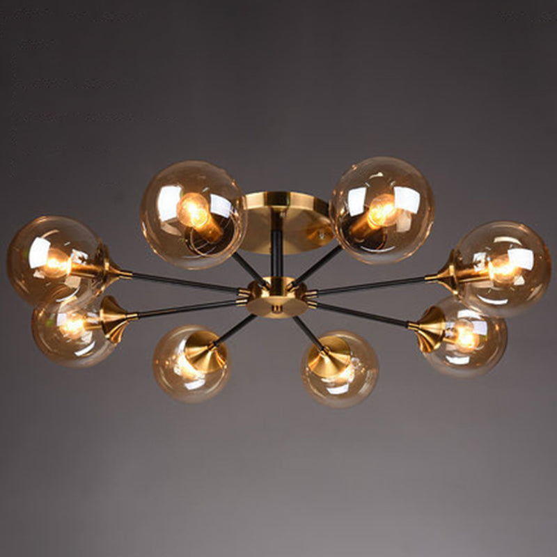 Brass Finish Radial Ceiling Lamp Postmodern Metal Semi Mount Lighting with Ball Glass Shade 8 Amber Clearhalo 'Ceiling Lights' 'Close To Ceiling Lights' 'Close to ceiling' 'Semi-flushmount' Lighting' 2408719