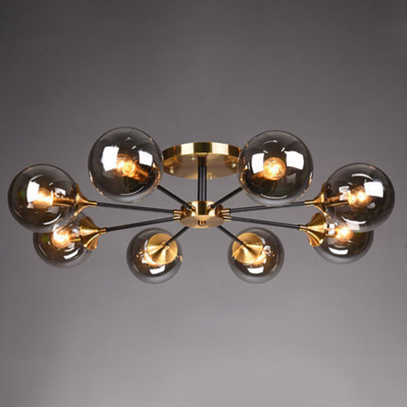 Brass Finish Radial Ceiling Lamp Postmodern Metal Semi Mount Lighting with Ball Glass Shade 8 Smoke Gray Clearhalo 'Ceiling Lights' 'Close To Ceiling Lights' 'Close to ceiling' 'Semi-flushmount' Lighting' 2408720