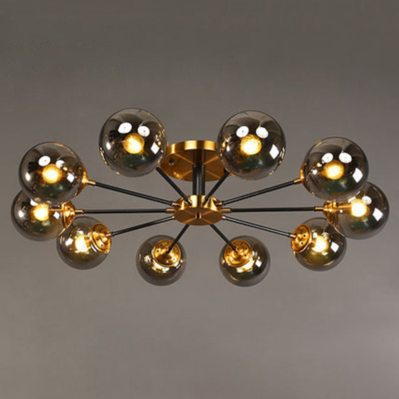 Brass Finish Radial Ceiling Lamp Postmodern Metal Semi Mount Lighting with Ball Glass Shade 10 Smoke Gray Clearhalo 'Ceiling Lights' 'Close To Ceiling Lights' 'Close to ceiling' 'Semi-flushmount' Lighting' 2408721