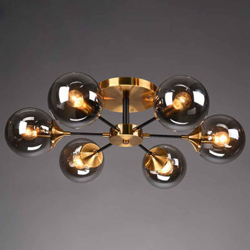 Brass Finish Radial Ceiling Lamp Postmodern Metal Semi Mount Lighting with Ball Glass Shade 6 Smoke Gray Clearhalo 'Ceiling Lights' 'Close To Ceiling Lights' 'Close to ceiling' 'Semi-flushmount' Lighting' 2408722