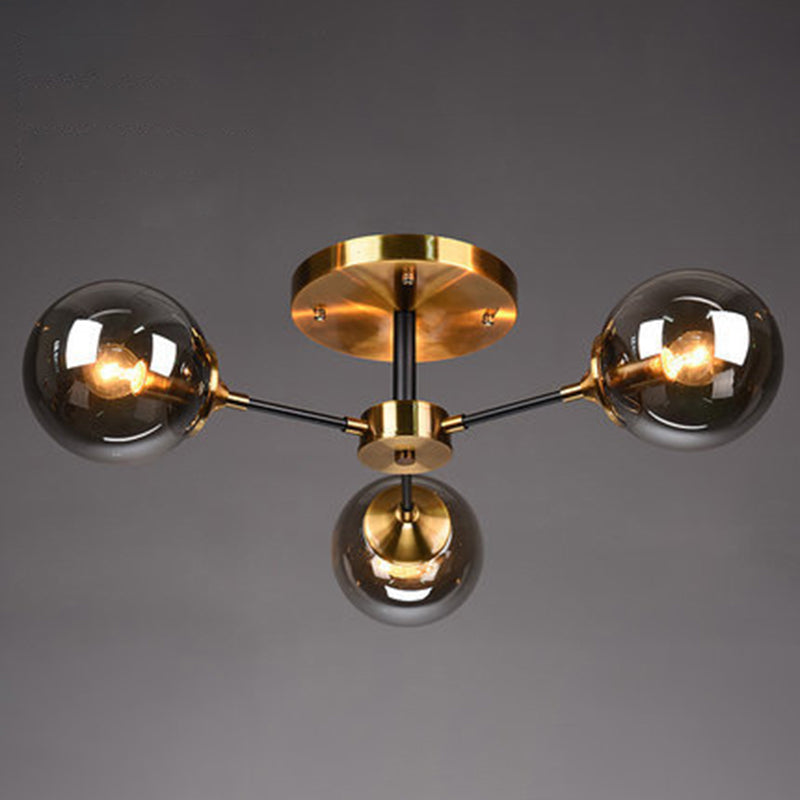 Brass Finish Radial Ceiling Lamp Postmodern Metal Semi Mount Lighting with Ball Glass Shade 3 Smoke Gray Clearhalo 'Ceiling Lights' 'Close To Ceiling Lights' 'Close to ceiling' 'Semi-flushmount' Lighting' 2408723