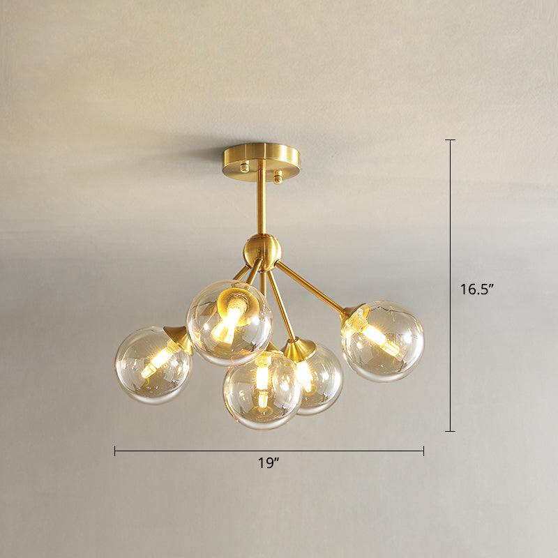 Gold Finish Branch Flush Light Postmodern Ball Glass Semi-Flush Mount Ceiling Light 5 Amber Clearhalo 'Ceiling Lights' 'Close To Ceiling Lights' 'Close to ceiling' 'Semi-flushmount' Lighting' 2408739