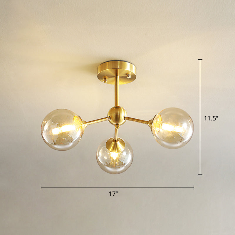 Gold Finish Branch Flush Light Postmodern Ball Glass Semi-Flush Mount Ceiling Light 3 Amber Clearhalo 'Ceiling Lights' 'Close To Ceiling Lights' 'Close to ceiling' 'Semi-flushmount' Lighting' 2408740