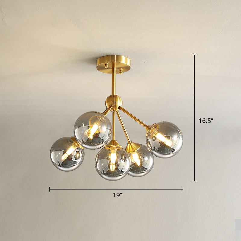 Gold Finish Branch Flush Light Postmodern Ball Glass Semi-Flush Mount Ceiling Light 5 Smoke Gray Clearhalo 'Ceiling Lights' 'Close To Ceiling Lights' 'Close to ceiling' 'Semi-flushmount' Lighting' 2408744