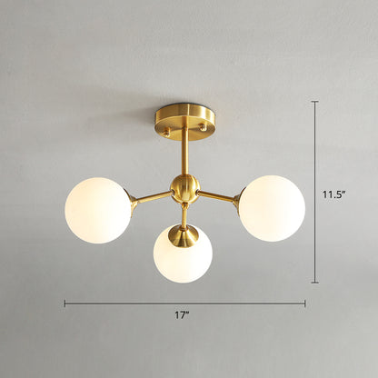 Gold Finish Branch Flush Light Postmodern Ball Glass Semi-Flush Mount Ceiling Light 3 White Clearhalo 'Ceiling Lights' 'Close To Ceiling Lights' 'Close to ceiling' 'Semi-flushmount' Lighting' 2408750