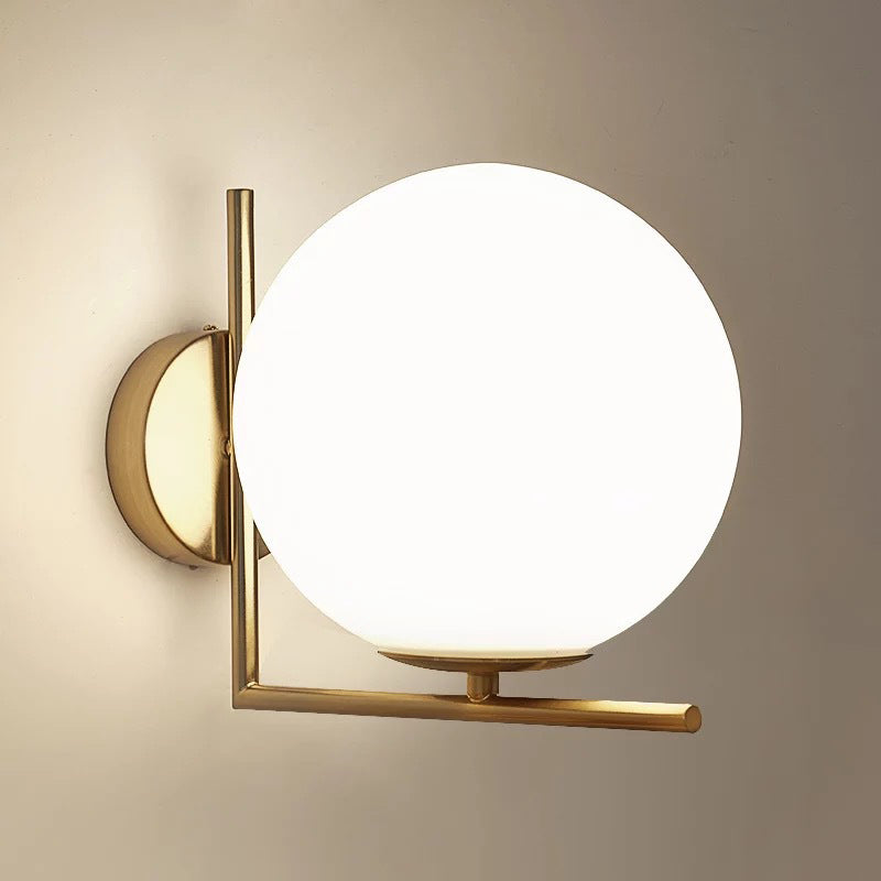 Minimalist Ball Wall Lamp Opaline Glass 1 Bulb Aisle Sconce Light with Right Angle Arm in Brass Brass Clearhalo 'Cast Iron' 'Glass' 'Industrial' 'Modern wall lights' 'Modern' 'Tiffany' 'Traditional wall lights' 'Wall Lamps & Sconces' 'Wall Lights' Lighting' 2408759