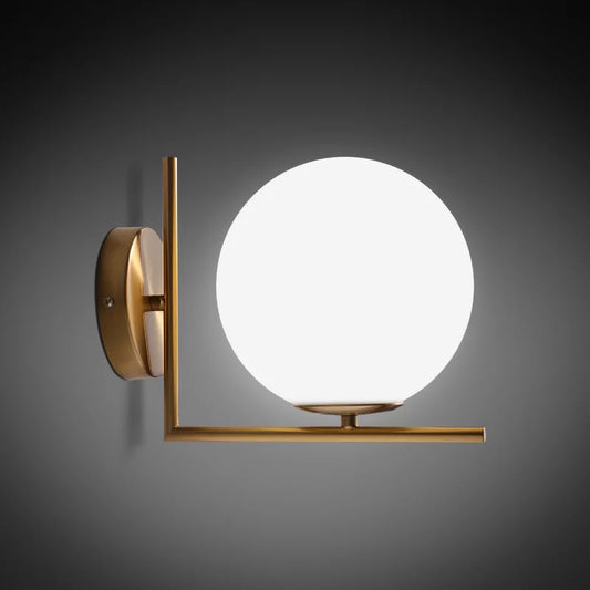 Minimalist Ball Wall Lamp Opaline Glass 1 Bulb Aisle Sconce Light with Right Angle Arm in Brass Clearhalo 'Cast Iron' 'Glass' 'Industrial' 'Modern wall lights' 'Modern' 'Tiffany' 'Traditional wall lights' 'Wall Lamps & Sconces' 'Wall Lights' Lighting' 2408761