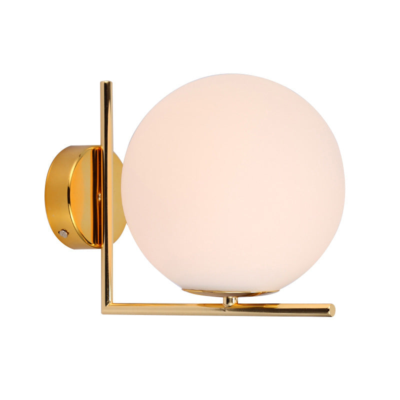 Minimalist Ball Wall Lamp Opaline Glass 1 Bulb Aisle Sconce Light with Right Angle Arm in Brass Clearhalo 'Cast Iron' 'Glass' 'Industrial' 'Modern wall lights' 'Modern' 'Tiffany' 'Traditional wall lights' 'Wall Lamps & Sconces' 'Wall Lights' Lighting' 2408762