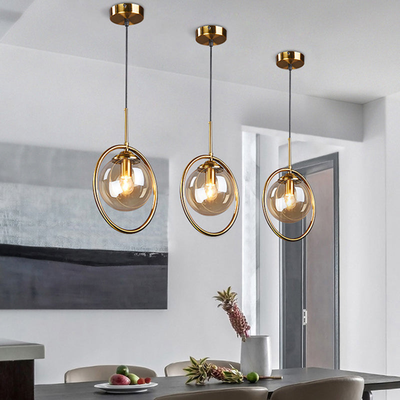 Brass Plated Ball Drop Pendant Minimalist Single Clear Glass Hanging Light with Ring Decoration Amber Clearhalo 'Ceiling Lights' 'Modern Pendants' 'Modern' 'Pendant Lights' 'Pendants' Lighting' 2408779