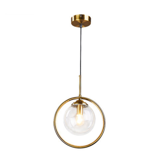Brass Plated Ball Drop Pendant Minimalist Single Clear Glass Hanging Light with Ring Decoration Clear Clearhalo 'Ceiling Lights' 'Modern Pendants' 'Modern' 'Pendant Lights' 'Pendants' Lighting' 2408781