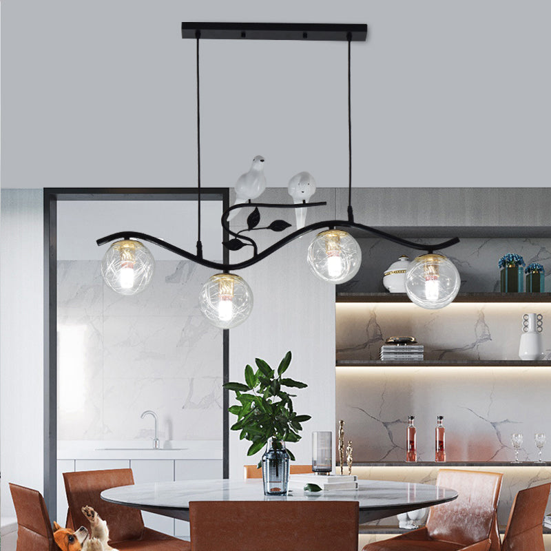 Metal Wavy Island Pendant Minimalist 4-Light Black Hanging Lamp with Ball Glass Shade and Bird Deco Clearhalo 'Ceiling Lights' 'Island Lights' Lighting' 2408797
