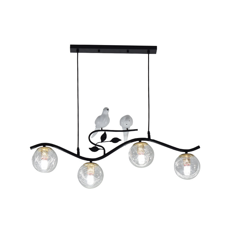 Metal Wavy Island Pendant Minimalist 4-Light Black Hanging Lamp with Ball Glass Shade and Bird Deco Clear Clearhalo 'Ceiling Lights' 'Island Lights' Lighting' 2408798