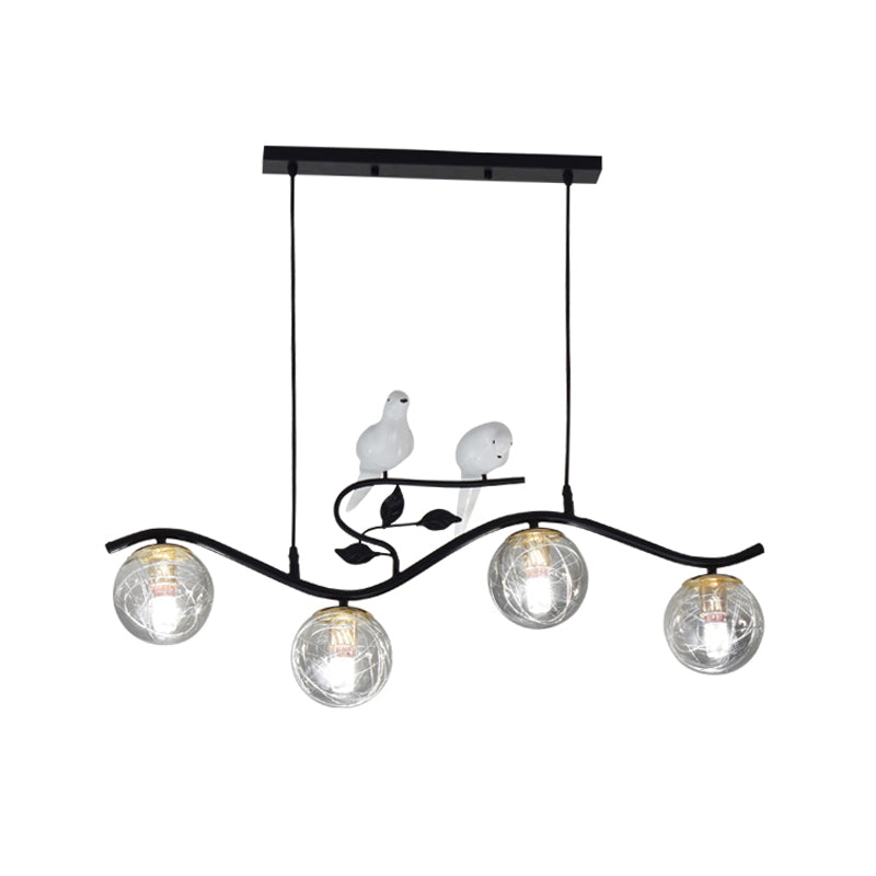Metal Wavy Island Pendant Minimalist 4-Light Black Hanging Lamp with Ball Glass Shade and Bird Deco Smoke Gray Clearhalo 'Ceiling Lights' 'Island Lights' Lighting' 2408799